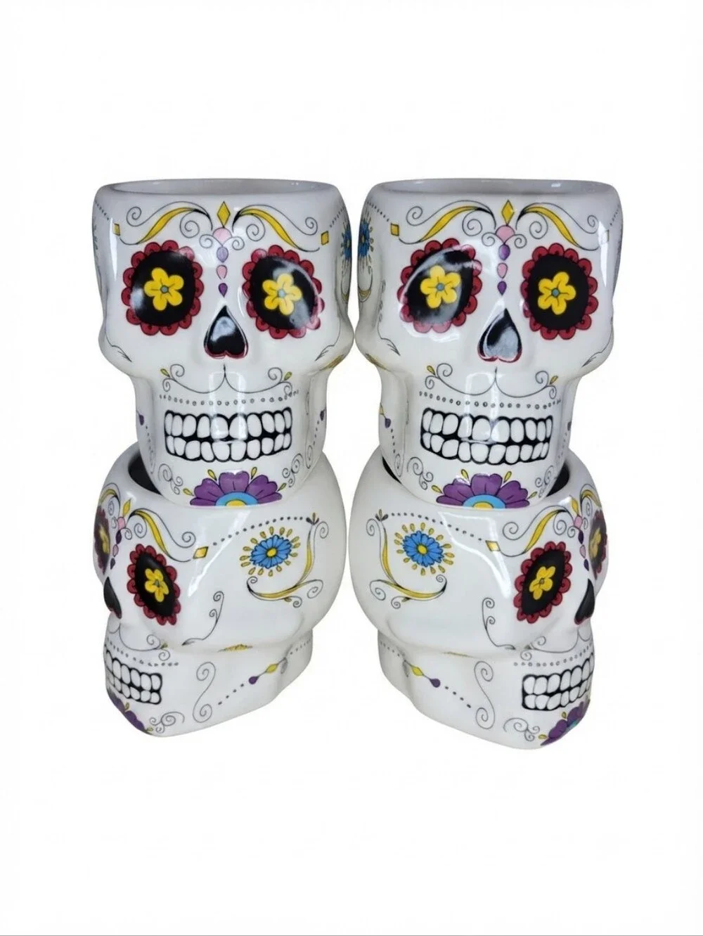Williams Sonoma Day of the Dead Sugar Skull Mug Cup Set of 4 White Floral
